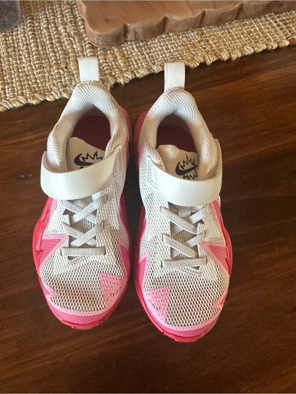 Nike Kids White Sneakers with Pink and Hot Pink Accents and Black Swoosh